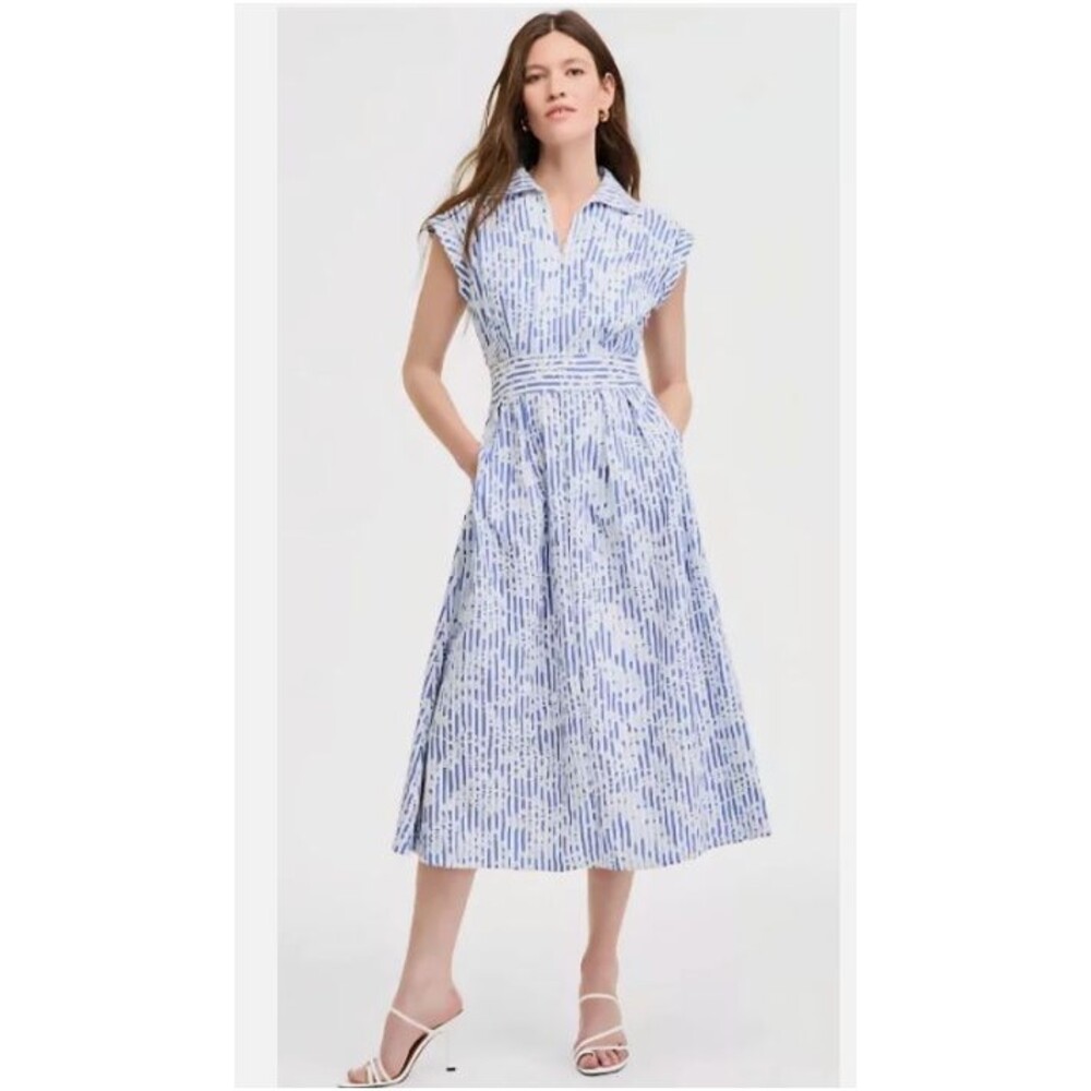 KENSIE Blue White Striped Floral Shirt Dress Cap Sleeve Midi Pockets Womens 2 NW